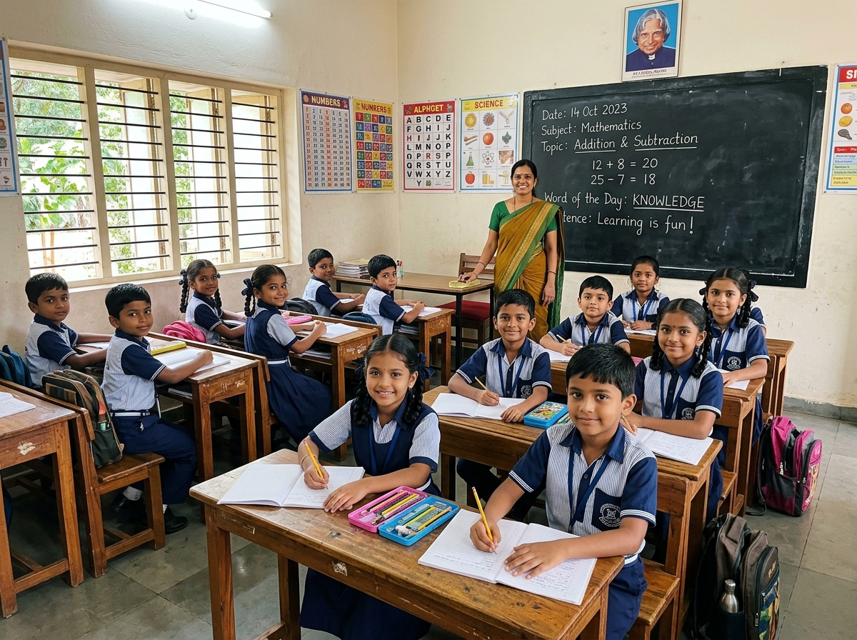 Indian school students in uniform sitting at wooden desks with an Indian female teacher in a saree by the chalkboard in an authentic Indian classroom